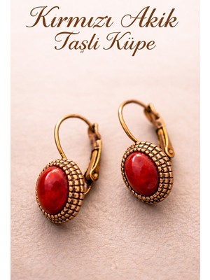 Kadın Bakır Küpe Doğal Kırmızı Akik Taşlı 0tantik Model Saf Bakır Küpe