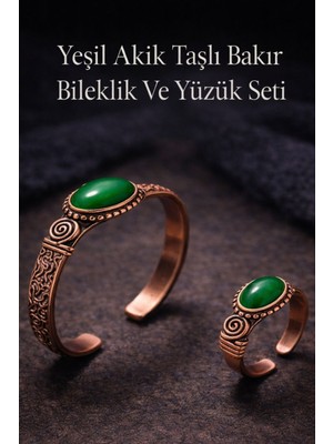 Kadın Bakır Bileklik ve Yüzük Takım Seti Yeşil Akik Taşlı Set El Işçiliği Özel Tasarım