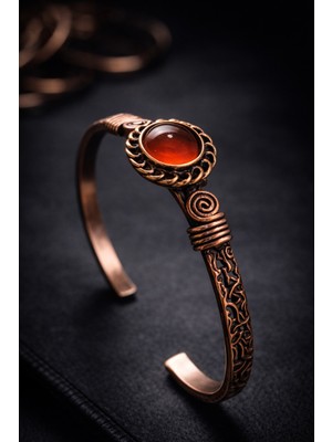 Kadın Bakır Bileklik Orjinal Kırmızı Akik Taşlı Silindir Model Saf Bakır Bilezik