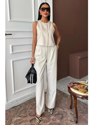 Yelek Plazzo Pantolon Çizgili Flamlı Poliviscon Takım 10178