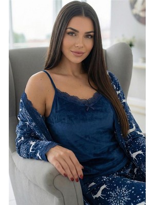 Nordic Blue Deer Exclusive Kadife Sabahlıklı Kadın Pijama Takımı 