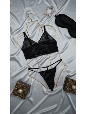 Noiverse Siyah Dantelli Bralet String ve Saten Şort 3’lü Sütyen Takımı