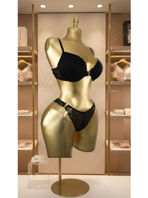 Noiverse Anna Gold Aksesuarlı Dantelli Sütyen Külot Takım - Push Up - Siyah
