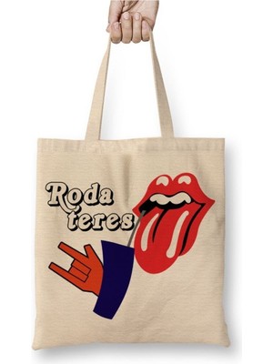 Toyaso Roda Teres Rolling Stones Beyaz Bez Çanta Uzun Saplı Alışveriş Çantası Plaj Çantası