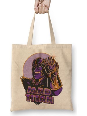 Toyaso Thanos Mad Titan Beyaz Bez Çanta Uzun Saplı Alışveriş Çantası Plaj Çantası