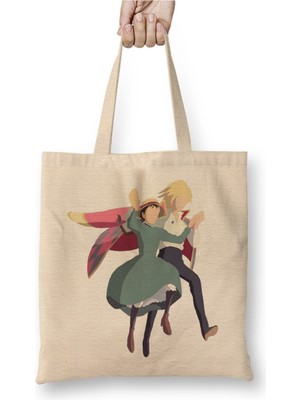 Toyaso Howl's Moving Castle Beyaz Bez Çanta Uzun Saplı Alışveriş Çantası Plaj Çantası