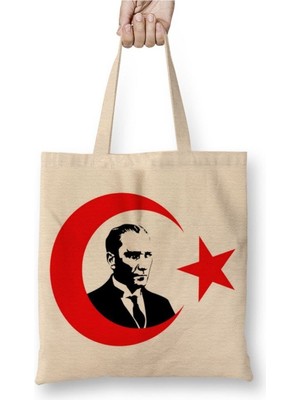 Toyaso Mustafa Kemal Atatürk Türk Bayrağı Beyaz Bez Çanta Uzun Saplı Alışveriş Çantası Plaj Çantası