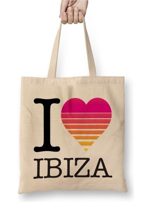 Toyaso I Heart Ibiza Sunset Ispanya Beyaz Bez Çanta Uzun Saplı Alışveriş Çantası Plaj Çantası
