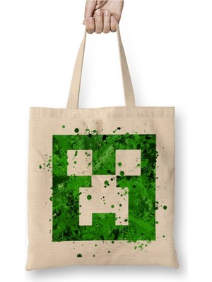 Toyaso Minecraft Creeper Bursting With Love Beyaz Bez Çanta Uzun Saplı Alışveriş Çantası Plaj Çantası