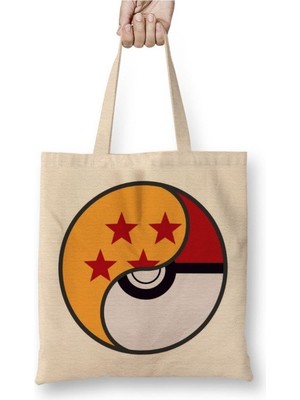 Toyaso Dragon Ball x Pokemon Beyaz Bez Çanta Uzun Saplı Alışveriş Çantası Plaj Çantası