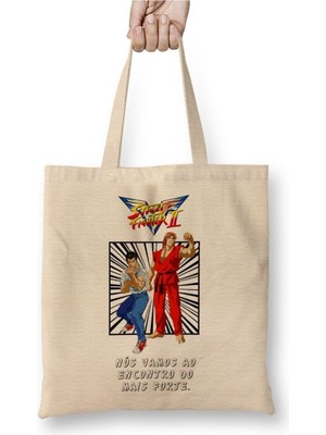 Toyaso Street Fighter Sf Iı Victory Beyaz Bez Çanta Uzun Saplı Alışveriş Çantası Plaj Çantası