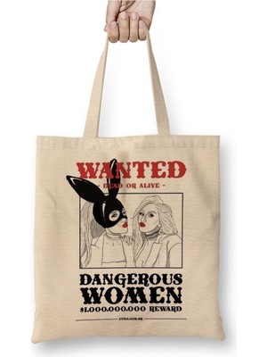 Toyaso Dangerous Women Beyaz Bez Çanta Uzun Saplı Alışveriş Çantası Plaj Çantası
