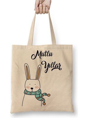 Toyaso Sevimli Tavşan ile Mutlu Yıllar Yılbaşı Beyaz Bez Çanta Uzun Saplı Alışveriş Çantası Plaj Çantası