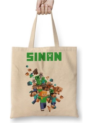 Toyaso Kişiye Özel Minecraft Beyaz Bez Çanta Uzun Saplı Alışveriş Çantası Plaj Çantası