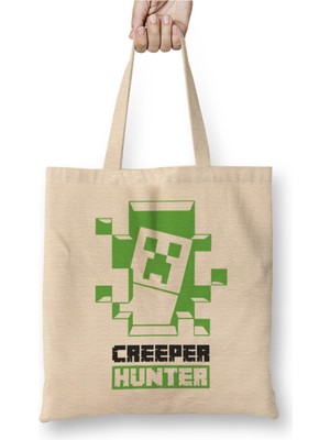 Toyaso Creeper Hunter Gaming Minecraft Beyaz Bez Çanta Uzun Saplı Alışveriş Çantası Plaj Çantası