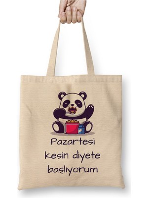 Toyaso Pazartesi Kesin Diyete Başlıyorum Panda Beyaz Bez Çanta Uzun Saplı Alışveriş Çantası Plaj Çantası