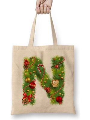 Toyaso Yeni Yıl Yılbaşı Özel N Harfli Mutlu Yıllar Bez Çanta Uzun Saplı Alışveriş Çantası Plaj Çantası