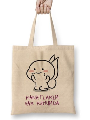 Toyaso Kanatlarım Var Ruhumda Komik Beyaz Bez Çanta Uzun Saplı Alışveriş Çantası Plaj Çantası