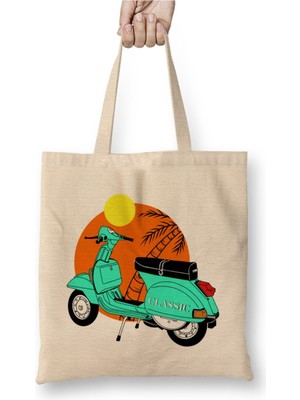 Toyaso Classic Taste Vespa Beyaz Bez Çanta Uzun Saplı Alışveriş Çantası Plaj Çantası