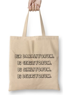 Toyaso Bir Daralıyorum Komik Beyaz Bez Çanta Uzun Saplı Alışveriş Çantası Plaj Çantası