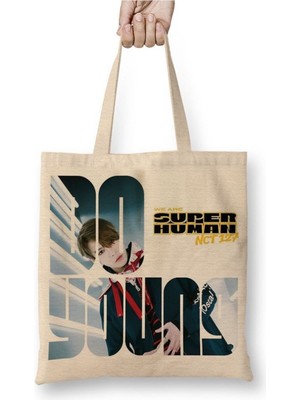 Toyaso Nct 127 Doyoung Superhuman Beyaz Bez Çanta Uzun Saplı Alışveriş Çantası Plaj Çantası