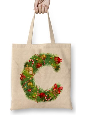 Toyaso Yeni Yıl Yılbaşı Özel C Harfli Mutlu Yıllar Bez Çanta Uzun Saplı Alışveriş Çantası Plaj Çantası