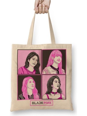 Toyaso Blackpink Squared Beyaz Bez Çanta Uzun Saplı Alışveriş Çantası Plaj Çantası