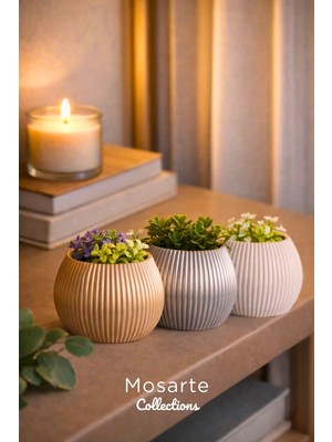 Mosarte Ribbed Modern Yivli Yuvarlak Tasarım Vazo / Dekoratif Obje 3'lü Set