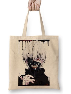 Toyaso Tokyo Ghoul Ken Beyaz Bez Çanta Uzun Saplı Alışveriş Çantası Plaj Çantası