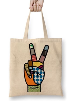 Toyaso Barış Zafer Işareti Tasarım Beyaz Bez Çanta Uzun Saplı Alışveriş Çantası Plaj Çantası