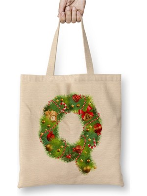 Toyaso Yeni Yıl Yılbaşı Özel Q Harfli Mutlu Yıllar Bez Çanta Uzun Saplı Alışveriş Çantası Plaj Çantası