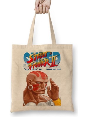 Toyaso Street Fighter 2 Chun-Li Beyaz Bez Çanta Uzun Saplı Alışveriş Çantası Plaj Çantası