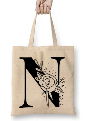 Toyaso N Harfi Beyaz Bez Çanta Uzun Saplı Alışveriş Çantası Plaj Çantası