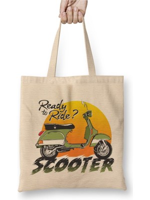 Toyaso Vespa Mod Logo Beyaz Bez Çanta Uzun Saplı Alışveriş Çantası Plaj Çantası