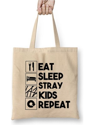 Toyaso Eat Sleep Stray Kids Repeat Beyaz Bez Çanta Uzun Saplı Alışveriş Çantası Plaj Çantası