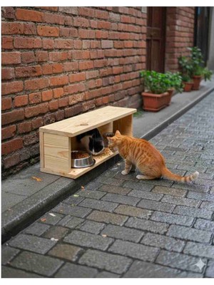 Kedi Mama Kabı, Yağmurdan Korumalı Ahşap Mama Kabı Standı 60X16X18 Doğal Ahşap Malzeme