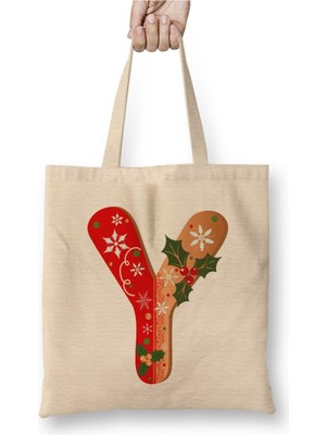 Toyaso Y Harfi Beyaz Bez Çanta Uzun Saplı Alışveriş Çantası Plaj Çantası