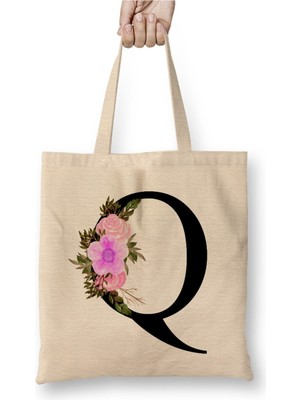 Toyaso Q Harfi Beyaz Bez Çanta Uzun Saplı Alışveriş Çantası Plaj Çantası