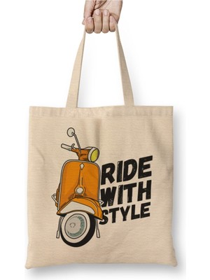 Toyaso Vespa Lover Green Scooter Beyaz Bez Çanta Uzun Saplı Alışveriş Çantası Plaj Çantası