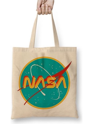 Toyaso Nasa Retro Beyaz Bez Çanta Uzun Saplı Alışveriş Çantası Plaj Çantası