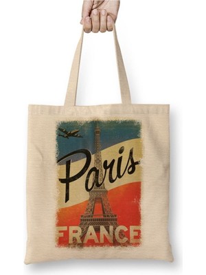 Toyaso Paris Fransa Beyaz Bez Çanta Uzun Saplı Alışveriş Çantası Plaj Çantası