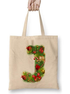 Toyaso Yeni Yıl Yılbaşı Özel J Harfli Mutlu Yıllar Bez Çanta Uzun Saplı Alışveriş Çantası Plaj Çantası