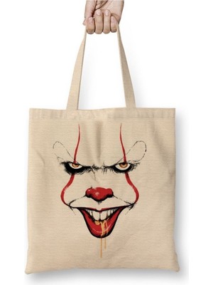 Toyaso Pennywise Clown Spittle Beyaz Bez Çanta Uzun Saplı Alışveriş Çantası Plaj Çantası