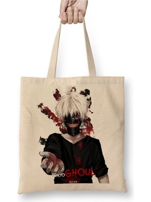 Toyaso Kaneki Tokyo Ghoul Beyaz Bez Çanta Uzun Saplı Alışveriş Çantası Plaj Çantası