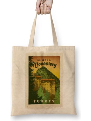 Toyaso Trabzon Sumela Manastırı Beyaz Bez Çanta Uzun Saplı Alışveriş Çantası Plaj Çantası