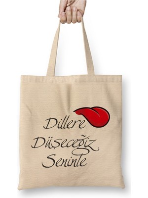 Toyaso Dillere Düşeceğiz Seninle Sevgiliye Hediye Beyaz Bez Çanta Uzun Saplı Alışveriş Çantası Plaj Çantası