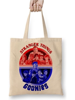 Toyaso Goonies E Stranger Things Beyaz Bez Çanta Uzun Saplı Alışveriş Çantası Plaj Çantası