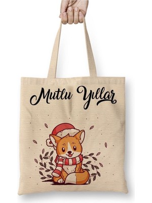 Toyaso Sevimli Kedicik ile Mutlu Yıllar Yılbaşı Beyaz Bez Çanta Uzun Saplı Alışveriş Çantası Plaj Çantası