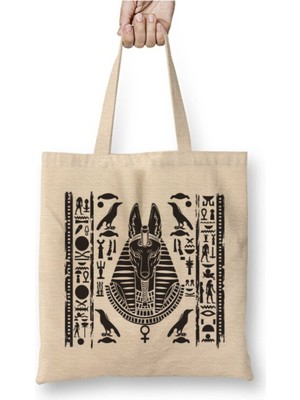 Toyaso Ancient Egypt Antik Mısır Anudis 02 Beyaz Bez Çanta Uzun Saplı Alışveriş Çantası Plaj Çantası