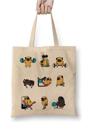 Toyaso Pug Köpek Spor Günü Gym Fitness Beyaz Bez Çanta Uzun Saplı Alışveriş Çantası Plaj Çantası